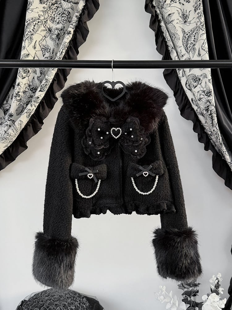 Bow Decor Black Jirai Beaded with Short Fuzzy Kei Chain Coat
