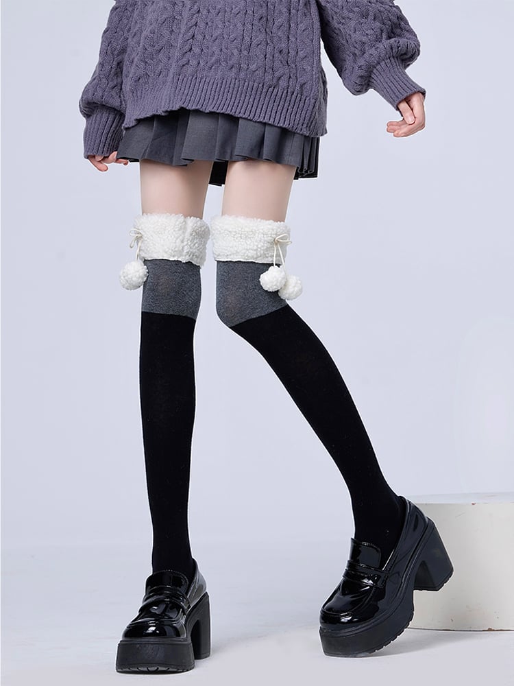 Stockings With Plush Pom-Pom KhakiBrown/GrayBlack Cuff Decoration