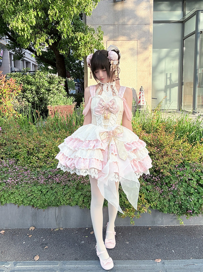 ネックバスクドレス ウエストピンクスカート ホルターティアードQi取り外し可能ロリータ