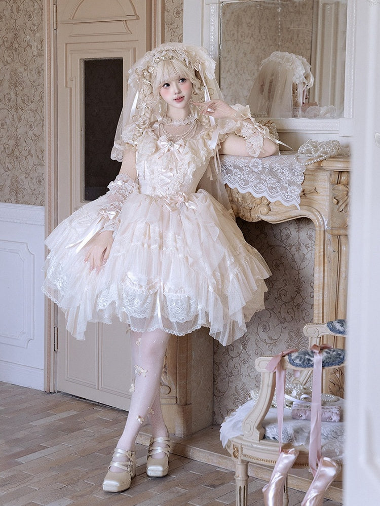 Champagne Illusion Neckline Princess Lolita JSK Dress Set - Sweetheart Macaron Lolita