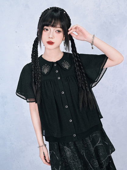 Dark Peter Pan Collar Short Sleeve Blouse with Floral Embroidery - Quirky Hut