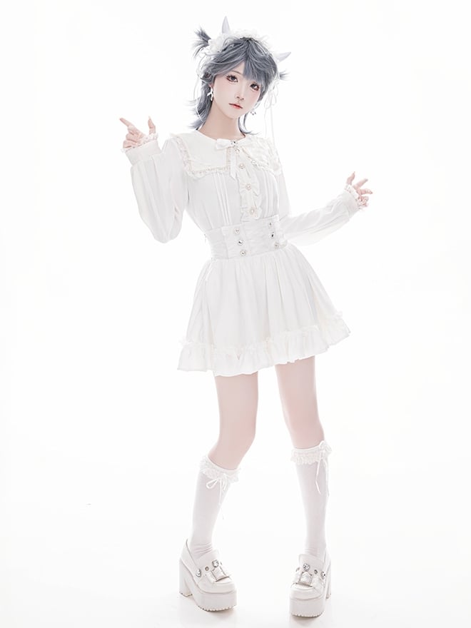 Long Lace Blouse: White with Detailed Jirai Beadwork Square Sleeves Kei Collar