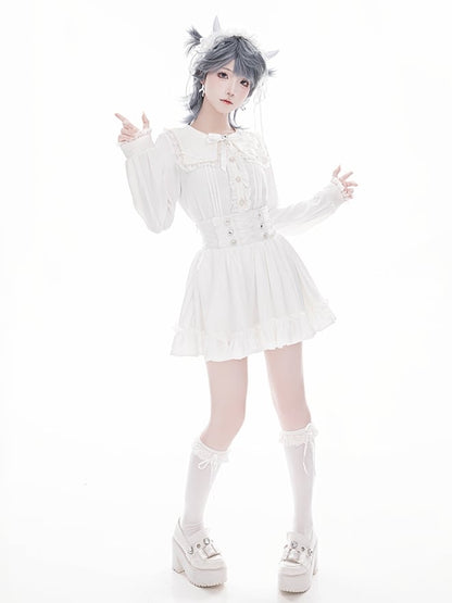 Long Lace Blouse: White with Detailed Jirai Beadwork Square Sleeves Kei Collar
