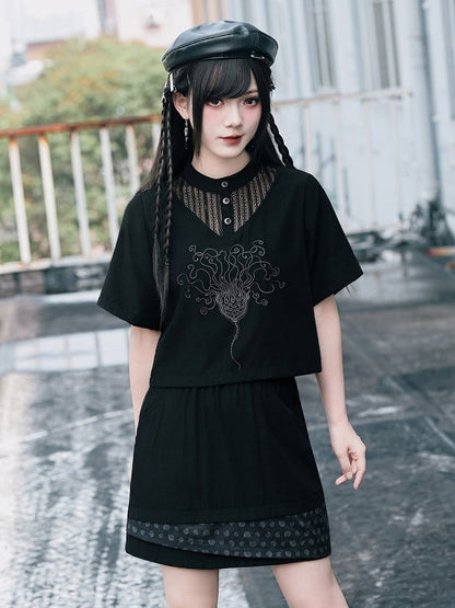 Gothic Asymmetric Layered Patch Skirt with Shell Motif - Quirky Hut