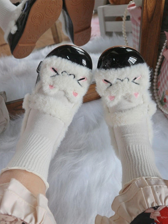 Süße Knöpfe Druckknopf Polierte Lolita Plüsch Flats Schwarz Winter – Kitty