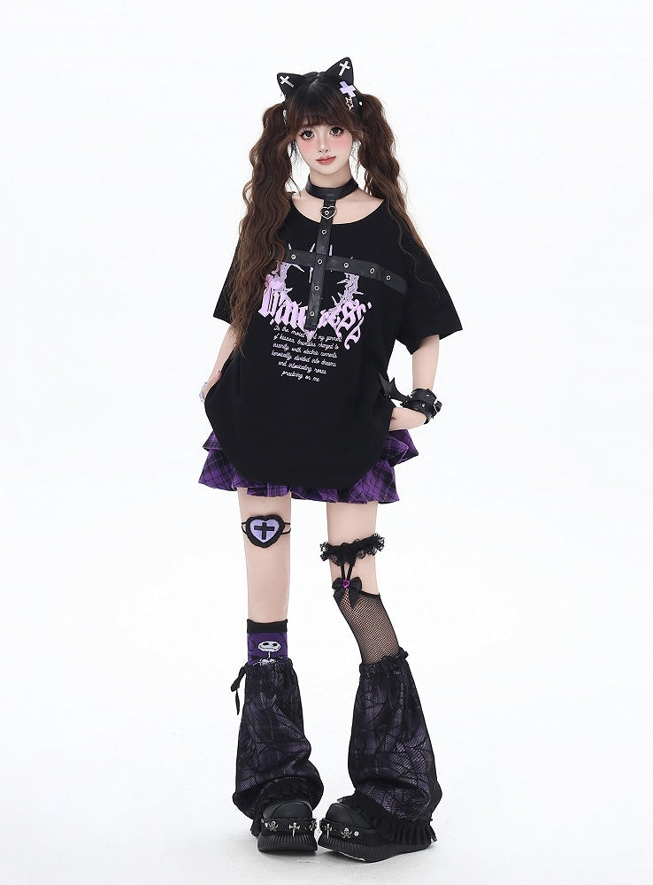 Black/Pink Glamorous Graphic T-Shirt with PU Straps Y2K Halter Neck