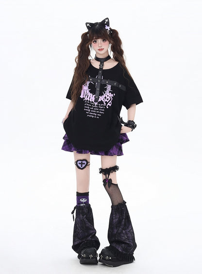 Black/Pink Glamorous Graphic T-Shirt with PU Straps Y2K Halter Neck