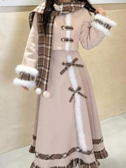 Fur Classic Plaid Set Top Scarf Trim Hem Khaki Lolita Skirt Elegant + Faux Ruffle