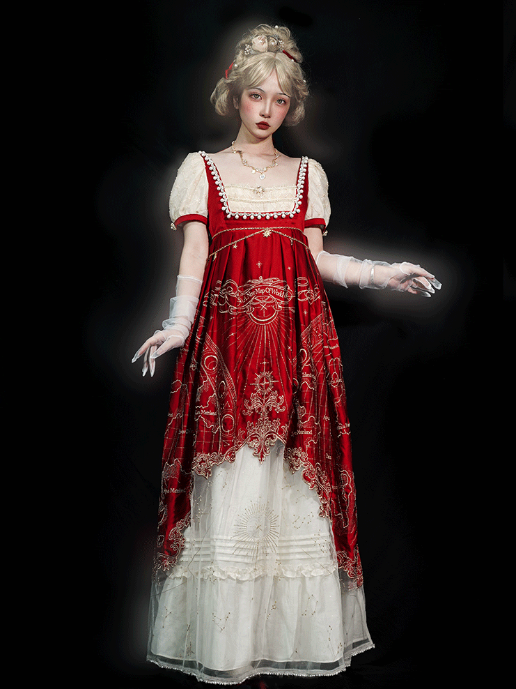 One Beige Elegant Lolita Piece Celestial Red and Classic Map Embroidery Empire Waist Wine Delicate Gold