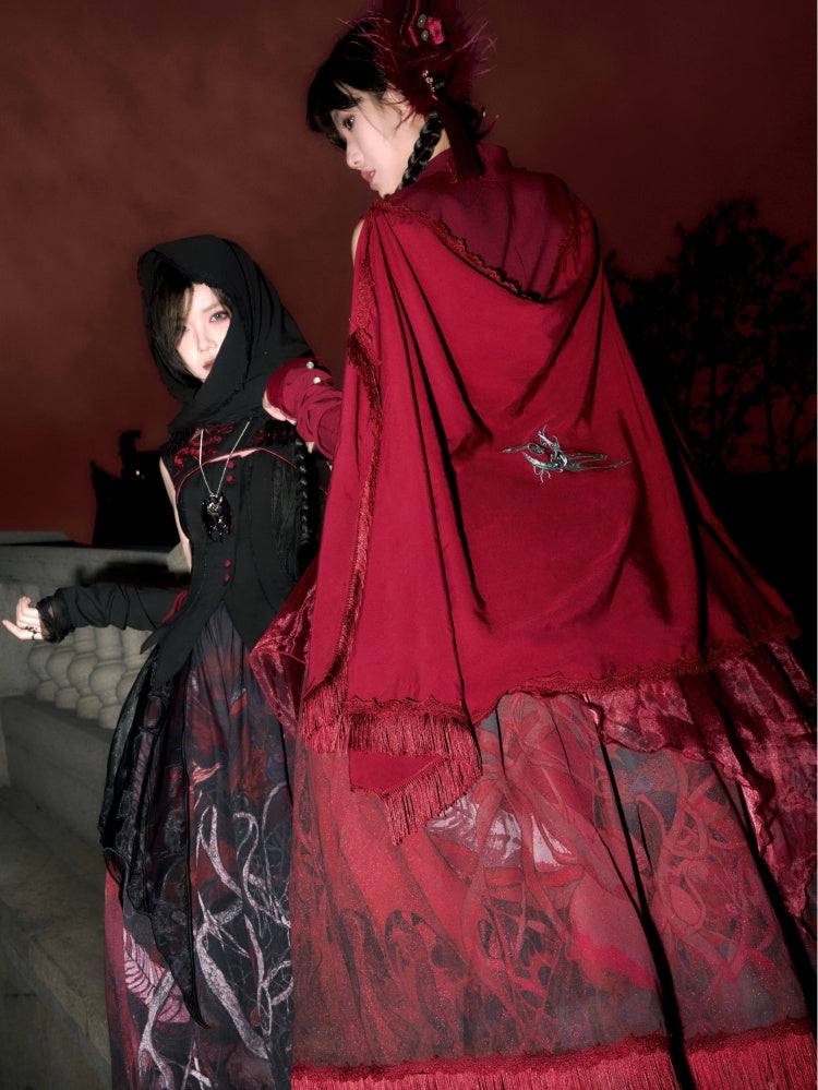 赤/黒/紫の龍と月の刺繍ショール