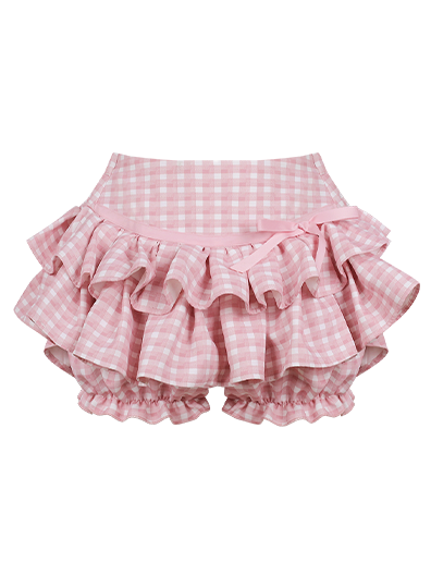 Plaid with Skort Tiered Bowknot Accent Pink