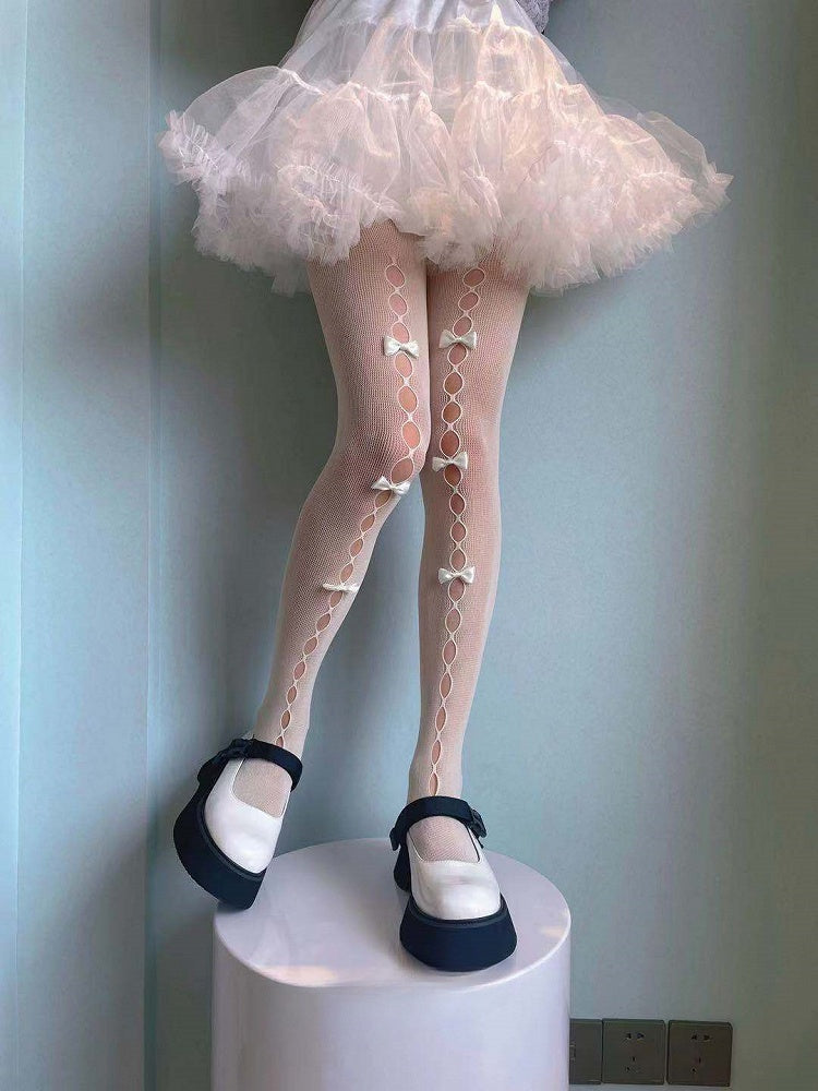 ホワイト ブラック セミシースルー 蝶結び カットアウト ロリータ ストッキング