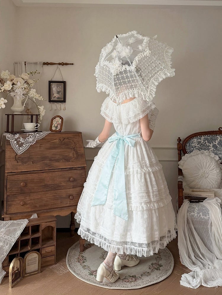 Classic White & Blue Lolita Long JSK Gown with Butterfly Bow and Layered Skirt - Miss Cube Dressworks