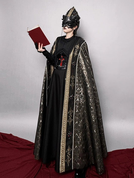 Cloak Gold Details and Cross Nun Lolita Decorated Embroidery Black