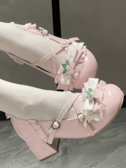 Strawberry Sweet Janes Mid-heel PU Mary Toe - Lolita Patch Pink Round