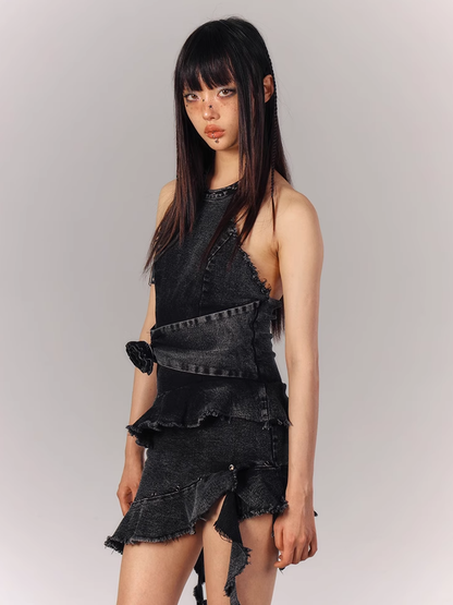 Ruffles Cascading Punk Dress Hem Vintage Asymmetrical Denim Waist Rose with Halter Black