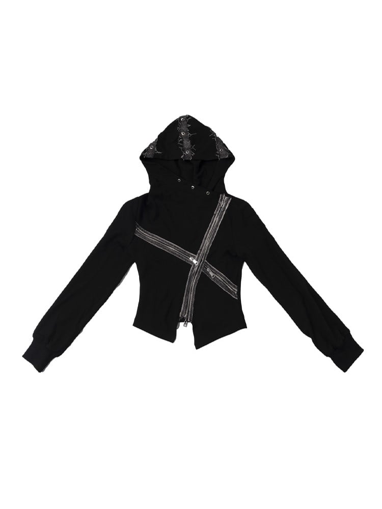 Strickjacke mit Denim-Patchwork-Reißverschluss-Akzenten, schwarzer Punk-Kreuzstrick mit Kapuze