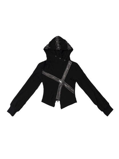 Strickjacke mit Denim-Patchwork-Reißverschluss-Akzenten, schwarzer Punk-Kreuzstrick mit Kapuze