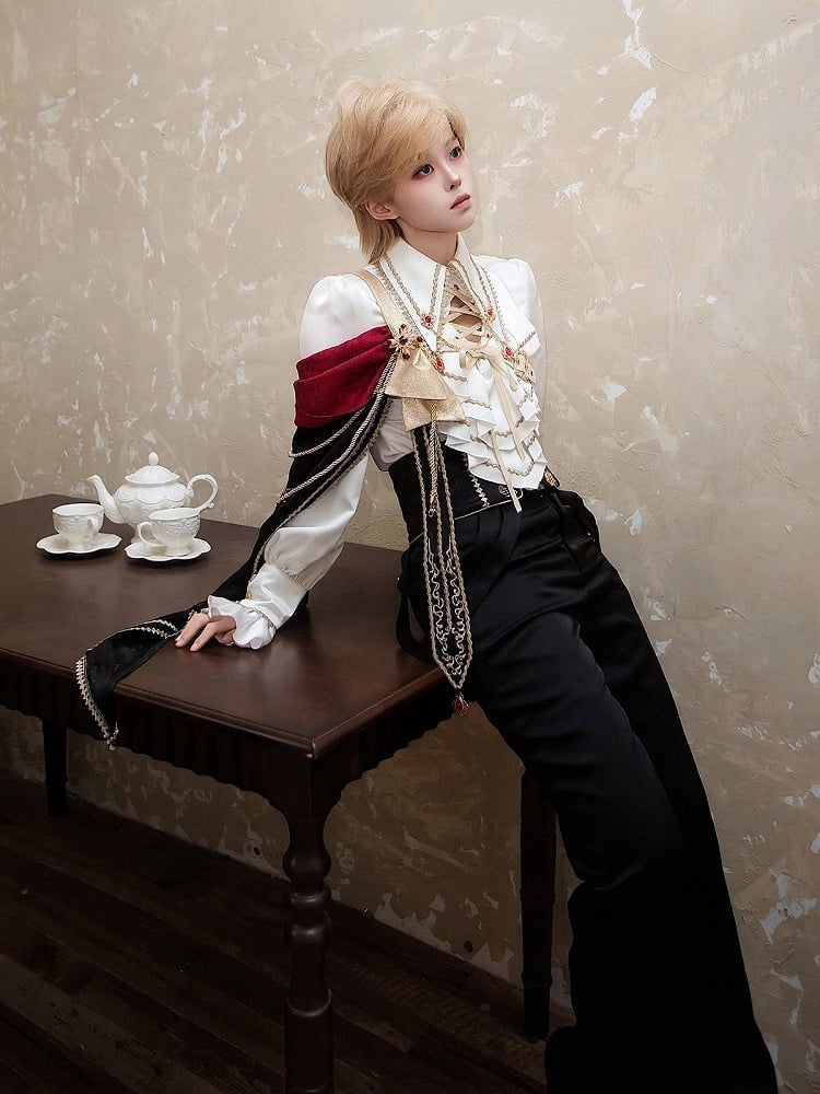 Ouji Knight Lolita Jabot Collar Shirt with One Shoulder Cape and Long Pants Set - Xiong Dou Jiang