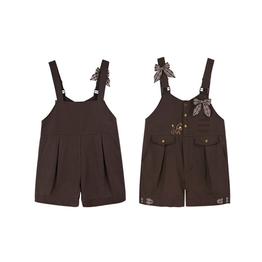 Dunkelbraune karierte Latzshorts mit Schleifendetail