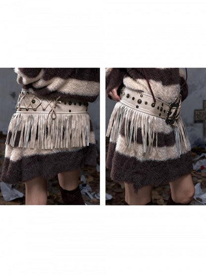 Fringes Lacing with Punk Waist Belt Vintage Crisscross Studded PU Khaki