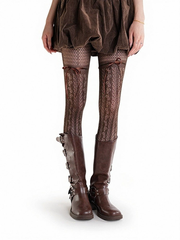 Brown Sheer Lace Pattern Tights with Bowknot Accents - ModaSwings