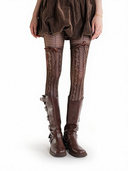 Brown Sheer Lace Pattern Tights with Bowknot Accents - ModaSwings