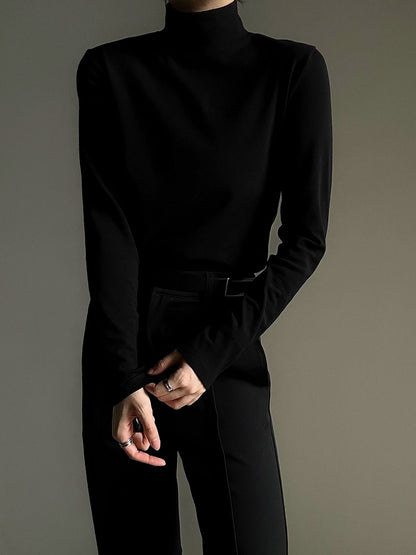 Black with Sleeve Neck Top Slim-fitting Soft Mock Prince Long Fleece Lining