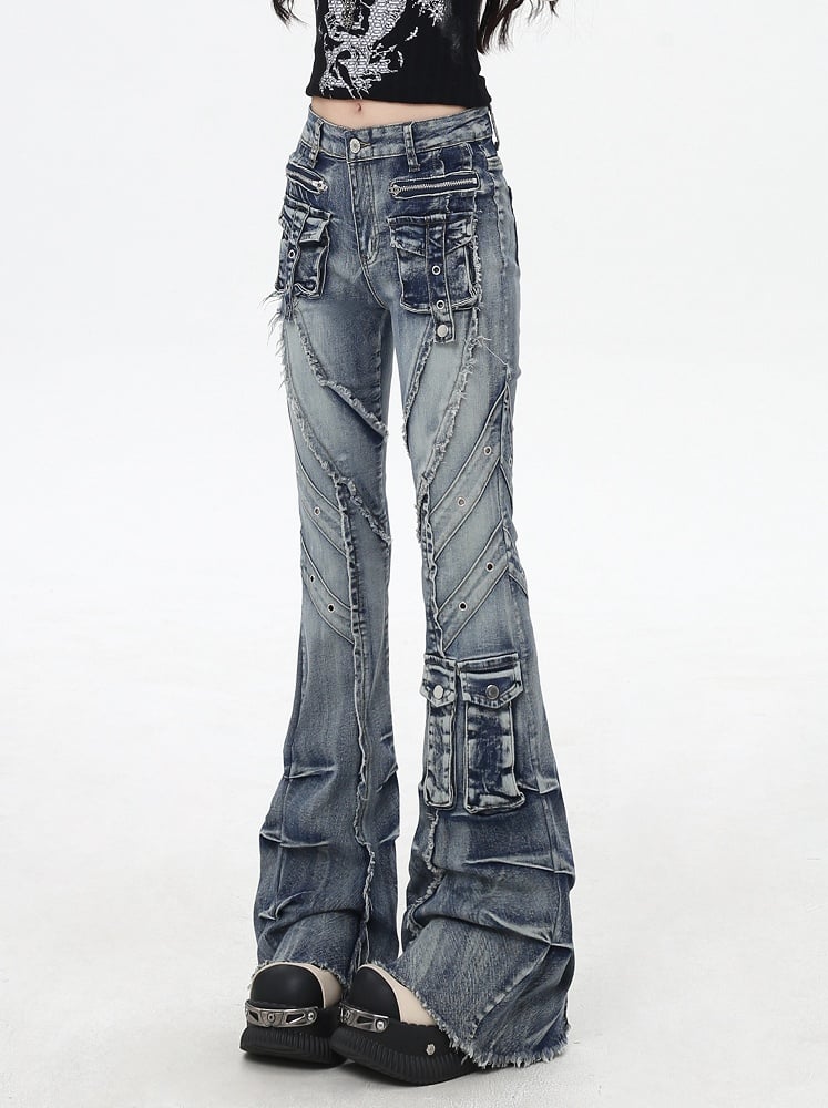 Blue Low Rise Raw Hem Faded Wash Flared Cargo Jeans Y2K
