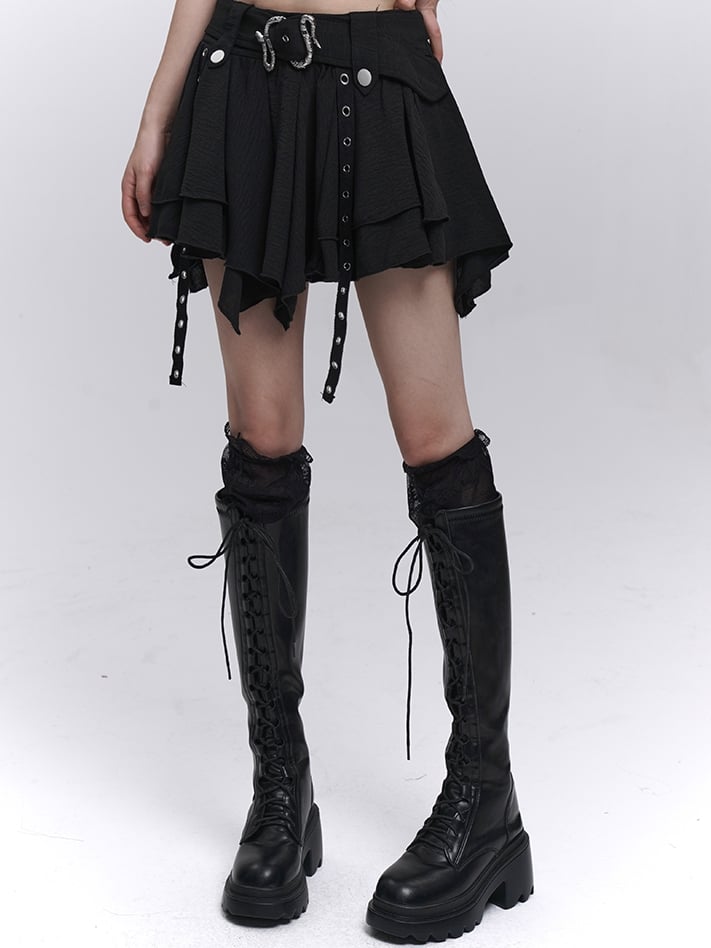 ブラックサーペンタインベルト付きアシンメトリーヘムティアードスカート