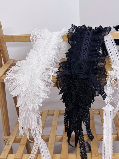 Wings Lace Angle Black/White Gorgeous Ruffled Hairband Bow