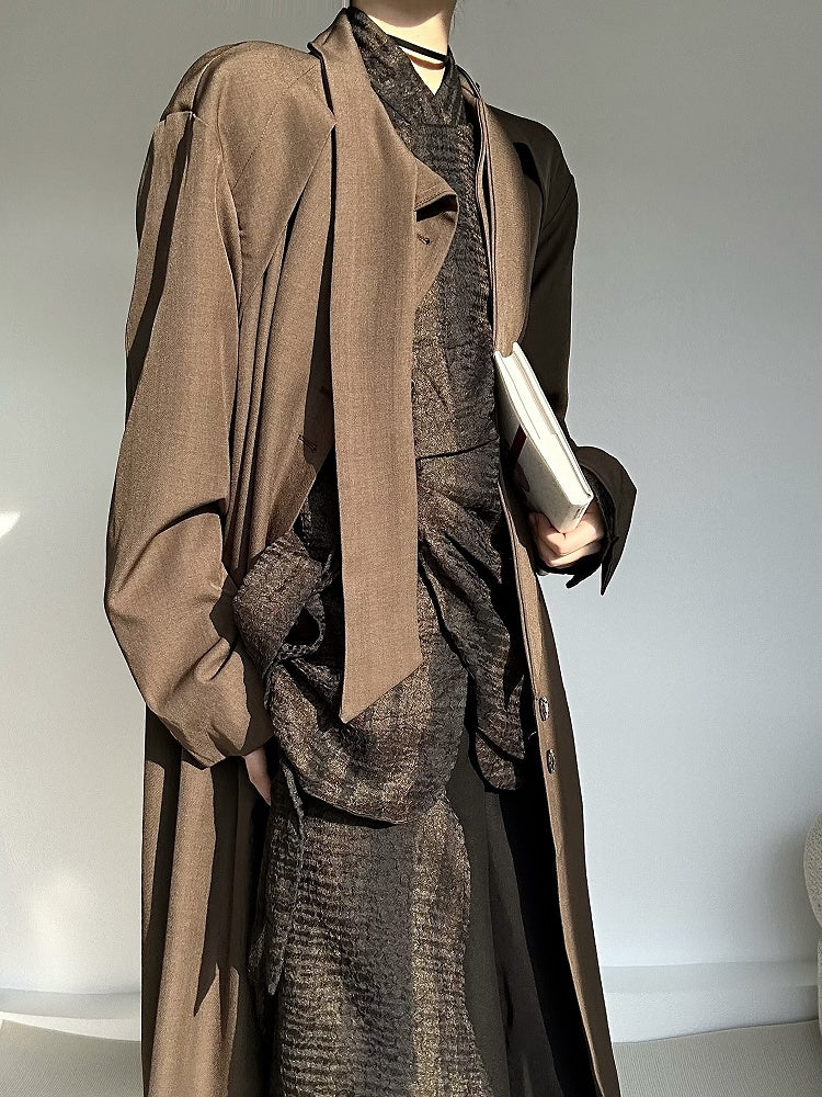 Coffee Trench Vintage Long Cuffs with Neck Lolita Coat Ouji Button Tie