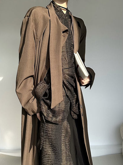 Coffee Trench Vintage Long Cuffs with Neck Lolita Coat Ouji Button Tie