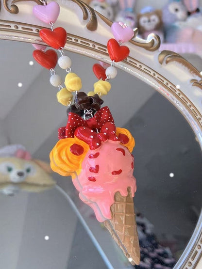 Eiscreme Perlen Rosa/Weiß Gelb/Rosa/Dunkel Verziert Halskette Anhänger Bowknot