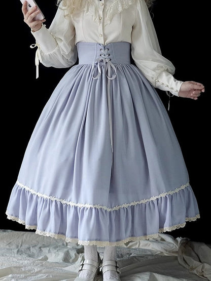 Light Gray Boned High Waist Elegant Classic Lolita Skirt with Lace Trim