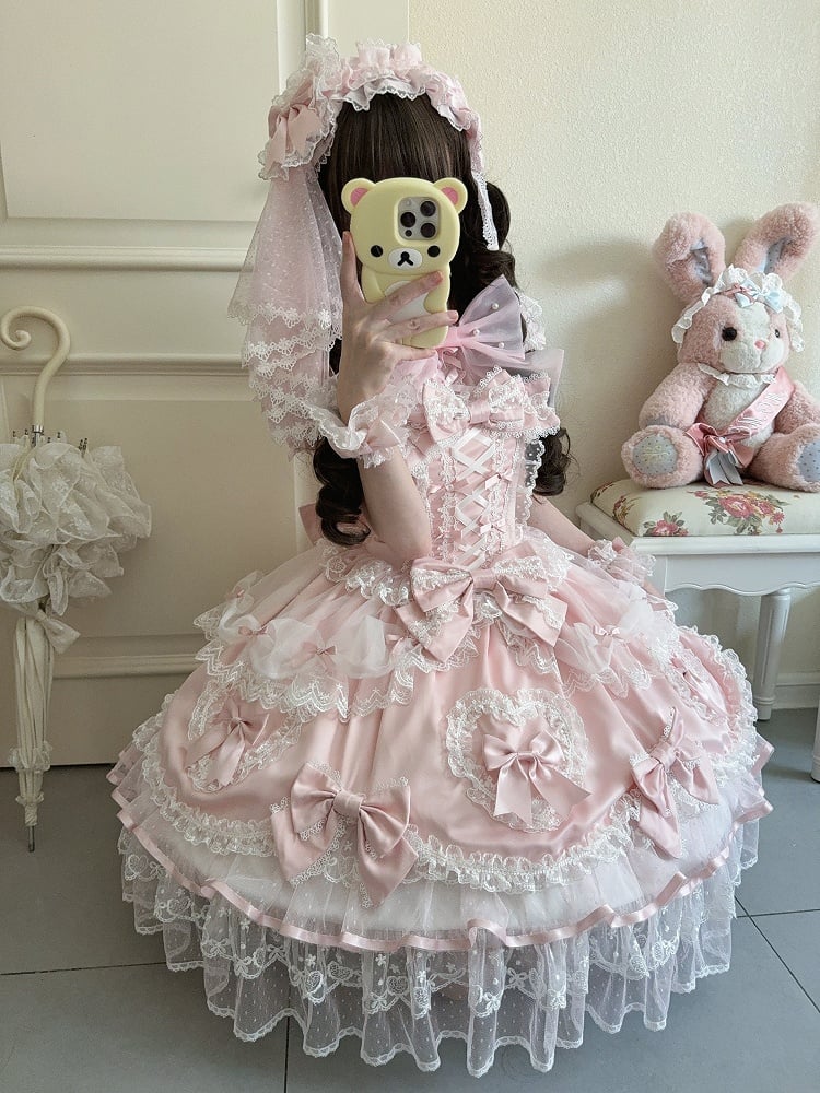 with Bow / Lace Cute Princess Full JSK Veil + Dress Lolita Big Pink Heart Doll-Style Details Set Train