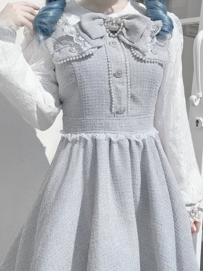 in Bow Blue: Kei Sleeves Elegant Jirai Beadwork Lace with Detachable Dress Long Tie Dusty Tweed