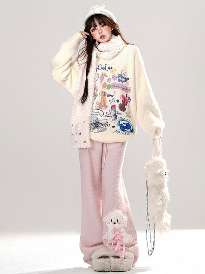 Apricot/Pink Cute Animal Patterns Mohair Loose Sweater