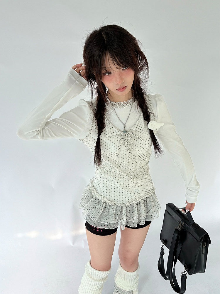 Ruffled Long Two-Piece White with Polka-Dot Lace Fake Trim Shirt Sleeve