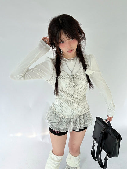 Ruffled Long Two-Piece White with Polka-Dot Lace Fake Trim Shirt Sleeve