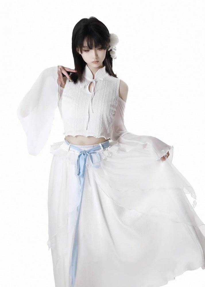 Sleeves Cropped Top White Cheongsam Collar Cutout Shoulder Bell