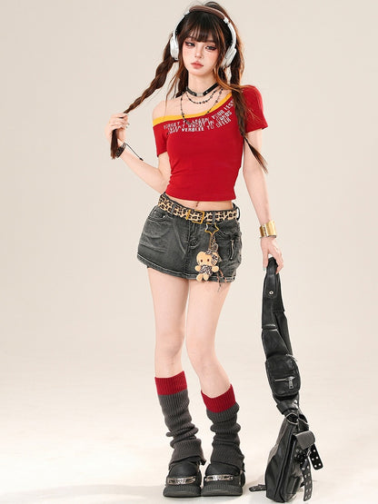 Neckline Asymmetrical Bittersweet Glamorous Letter Blue/Red