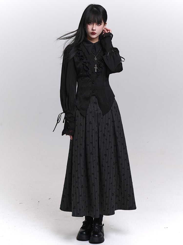 Gothic Dark Gray Striped High Waist Skirt with Lace-Up Back