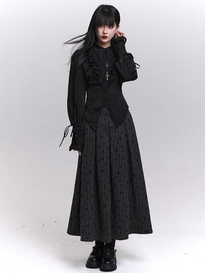 Gothic Dark Gray Striped High Waist Skirt with Lace-Up Back