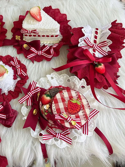 with Candy Hat and Bow Embroidery Strawberry Red Box Lolita Striped Mini White