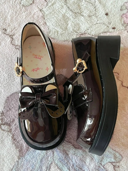 Brown Bear Detachable Buckle Bow Teddy Shoes with - Style Polished PU School Mid-heel