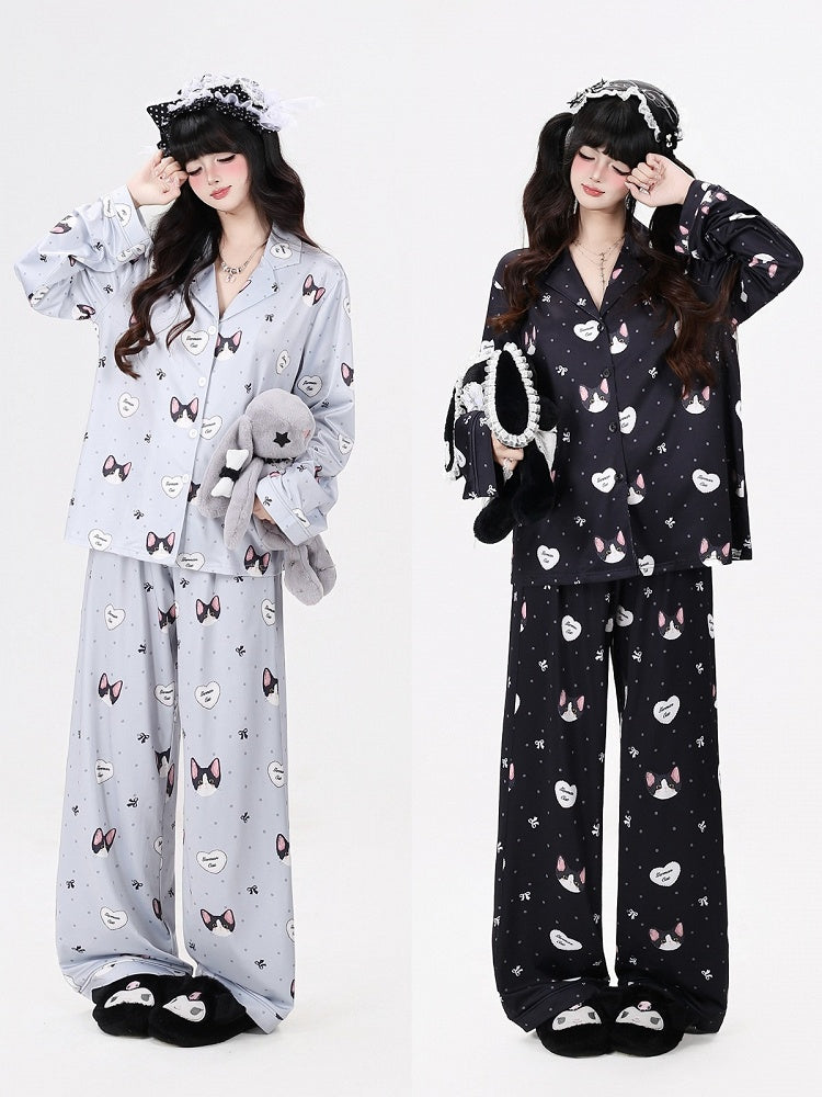 Grey Cute Otaku Kitten Print Long Lounge Wear Two-Piece Set - Long-Sleeve Top + Pants - CRAZY GIRL