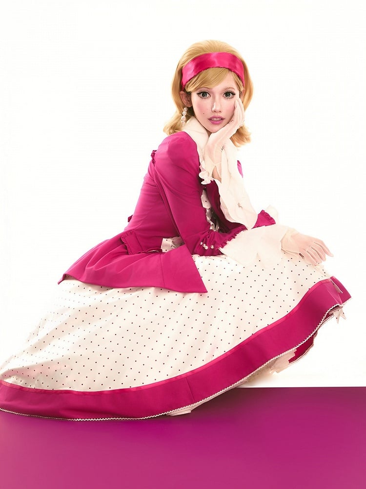 Retro Pink Blazer & Polka Dot Skirt Ensemble with Bow Accents and Detachable Collar - Charing Cross