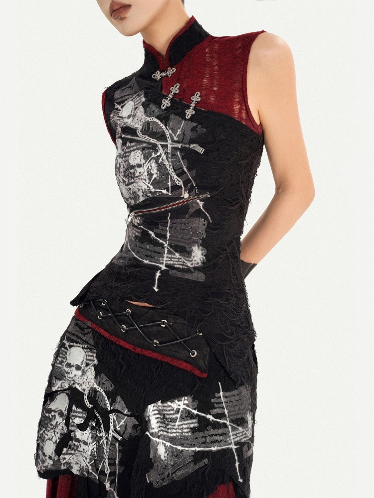 Black Chinese Style Banded Collar Sleeveless Top with Zipper Detail