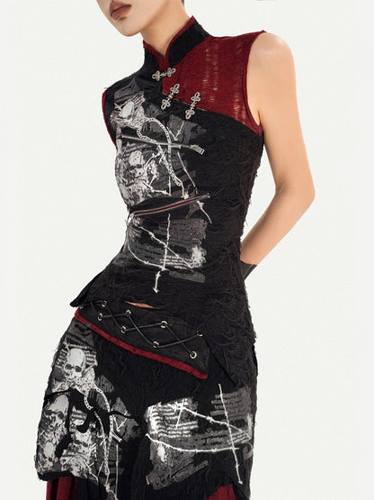 Black Chinese Style Banded Collar Sleeveless Top with Zipper Detail